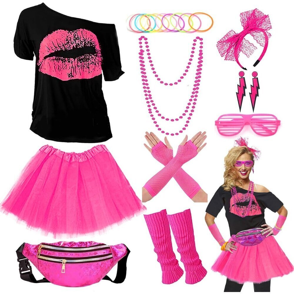 80s Costume Set for Women Vinyl T-Shirt Tutu Skirt Accessories Party Fun